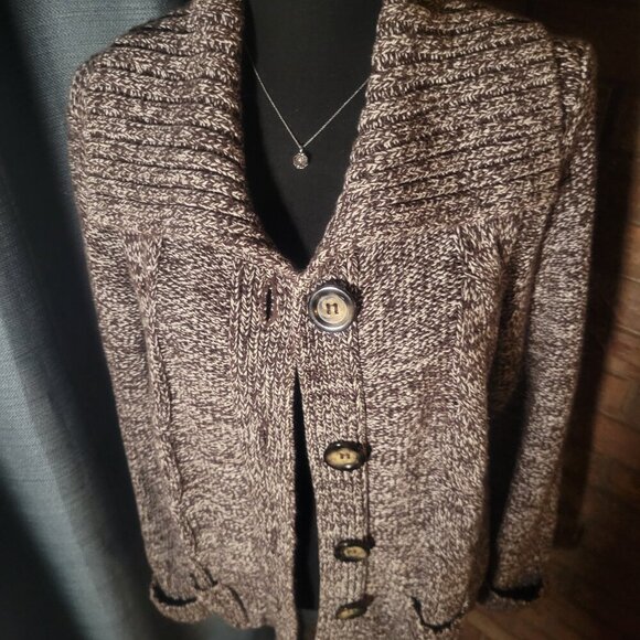Style & Co Brown/White Tweed Wide-Collared Long Sleeve Chunky Cardigan  - Size L - Picture 7 of 12